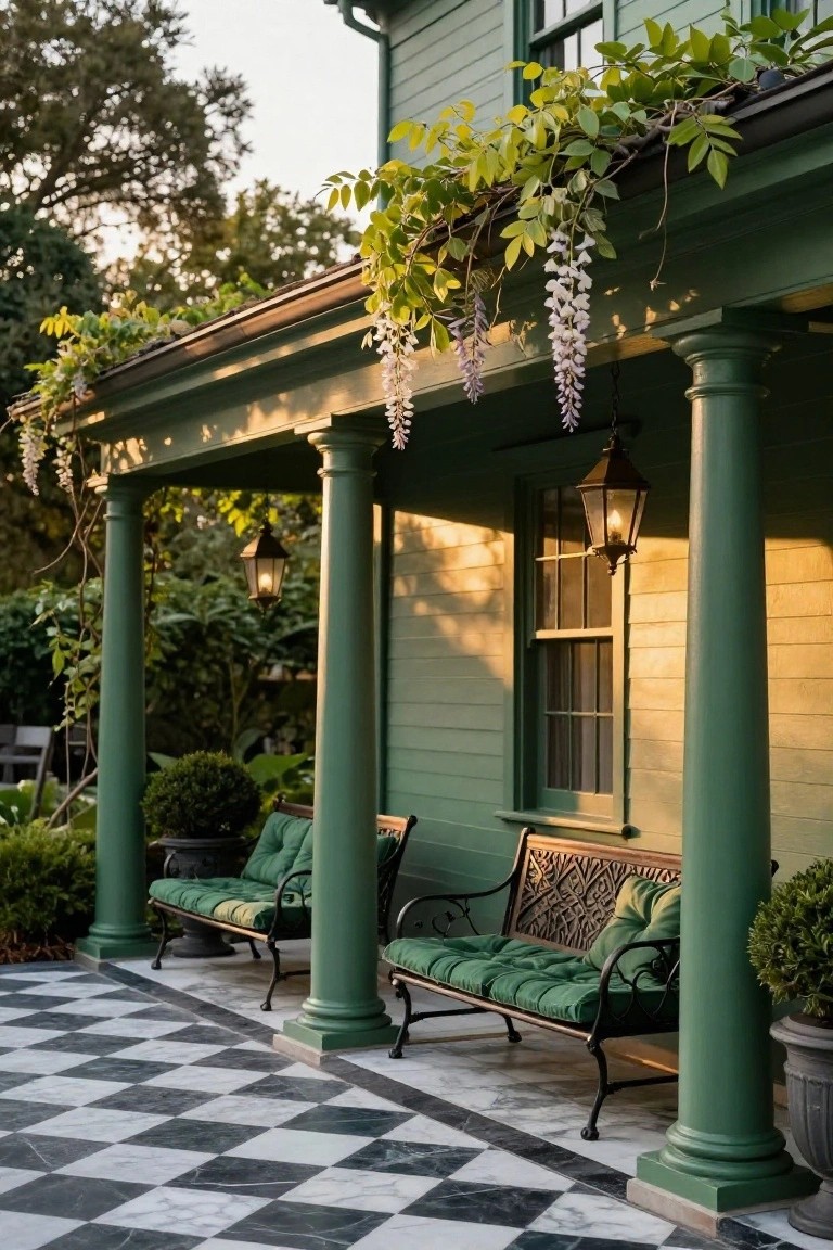 Green painted house exterior with front porch featuring tall columns, hanging white wisteria vines, two wrought iron benches with green cushions, black and white checkered marble floor, lanterns, and potted plants.