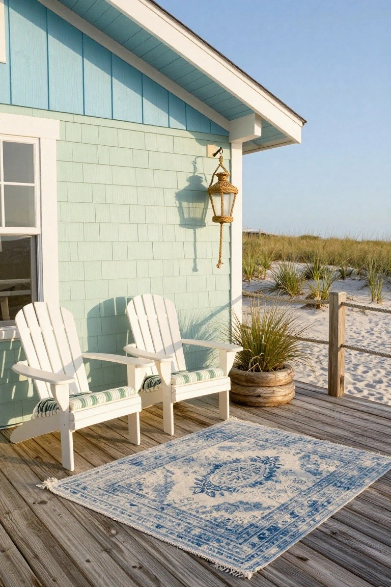 Corner of a light green shingled beach house with two white Adirondack chairs on striped cushions atop a blue patterned rug on a wooden deck, potted grasses nearby, rope fence, and sandy dunes with sea grass in the background.