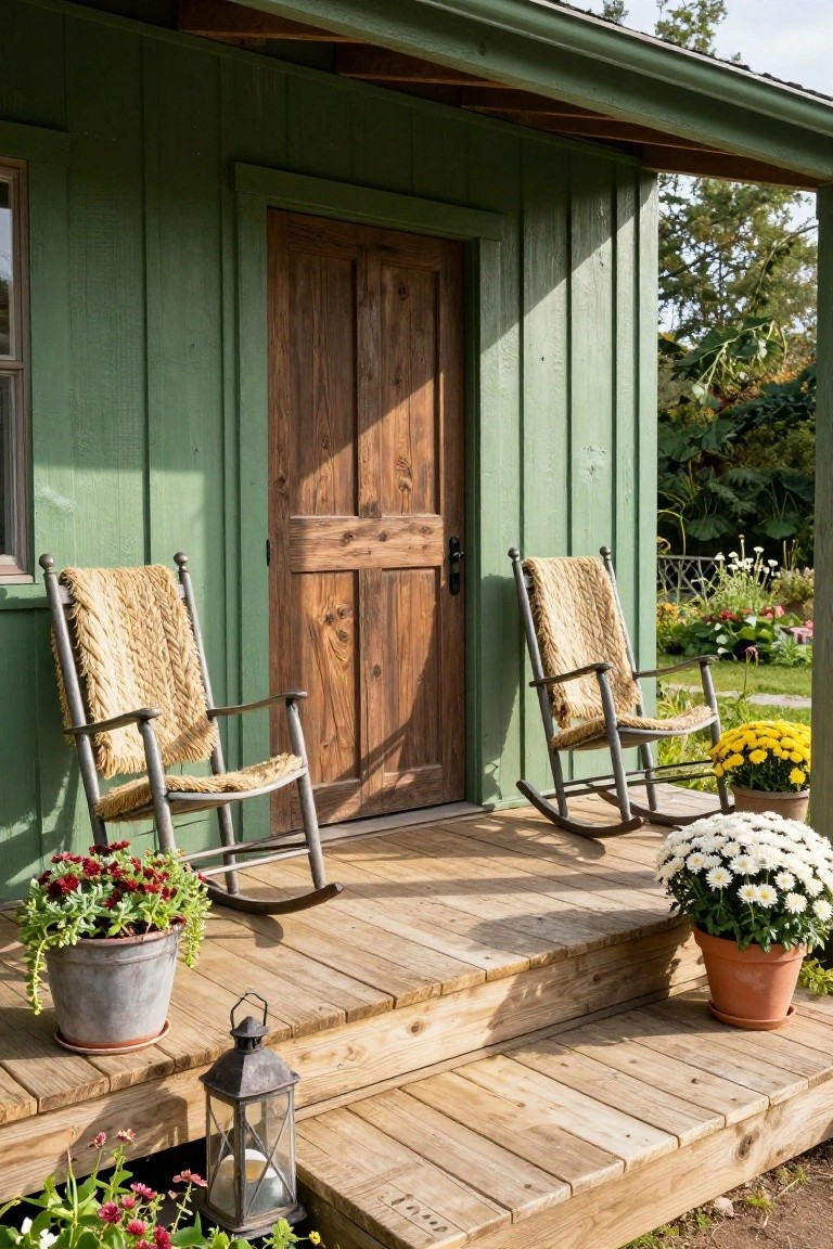 Green vertical board-and-batten cabin exterior with dark wood door, flanked by two gray metal-frame wicker rocking chairs draped in beige knit blankets, potted red flowers and white mums on wooden porch steps with a black metal lantern.