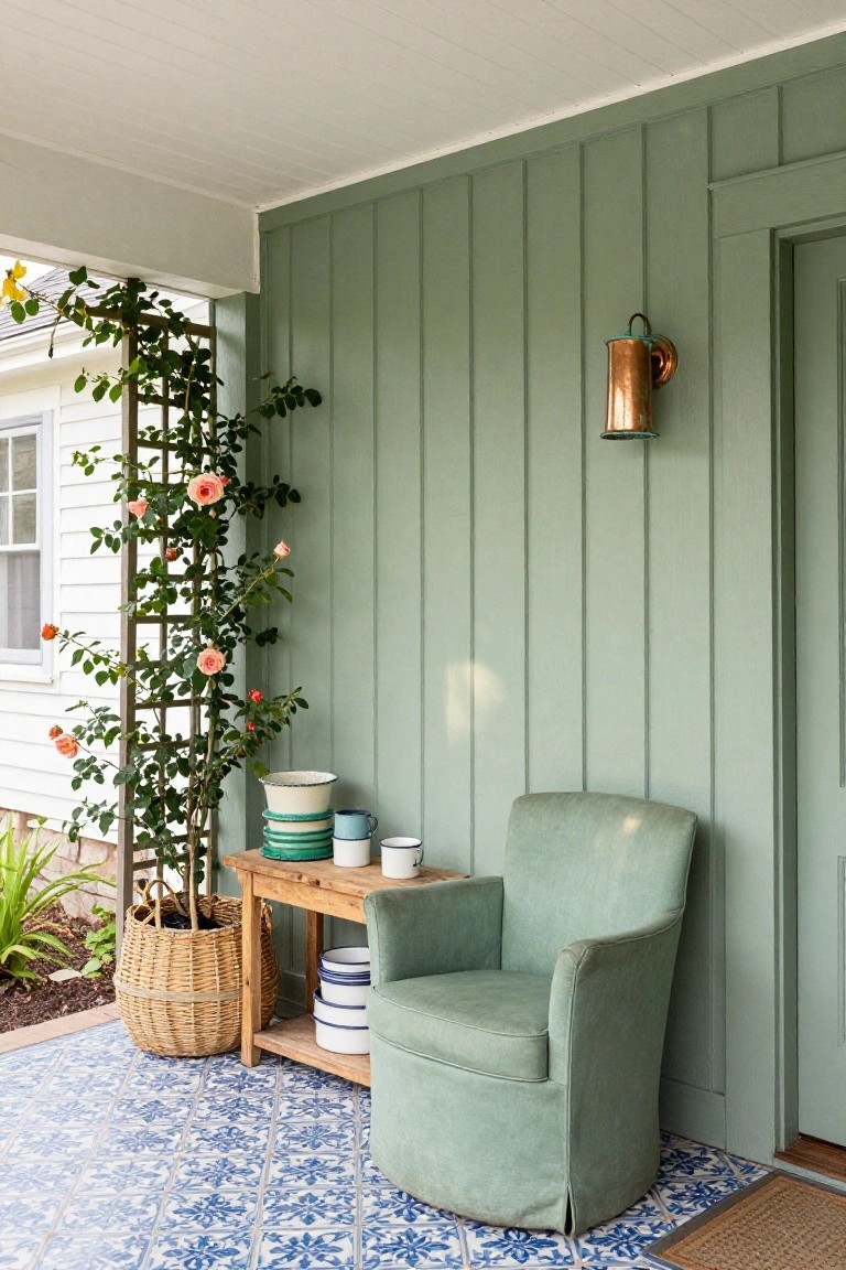 Sage green vertical board-and-batten wall on covered front porch with pink climbing roses on black metal trellis, turquoise slipcovered swivel armchair, wooden side table holding stacked enamelware buckets in white green turquoise and blue, potted plants in basket, blue patterned tile floor, copper lantern light fixture, white house visible in background.