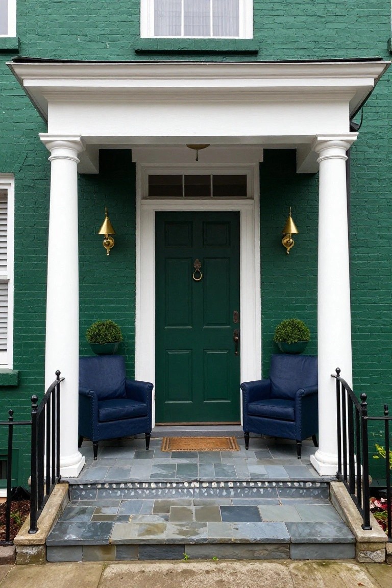 Green brick house front porch with white columns supporting a pediment over a dark green wood door with brass knocker and handle, flanked by two navy blue armchairs and green topiary plants in pots, gold lantern lights on walls, black iron railings, and gray slate steps and landing.
