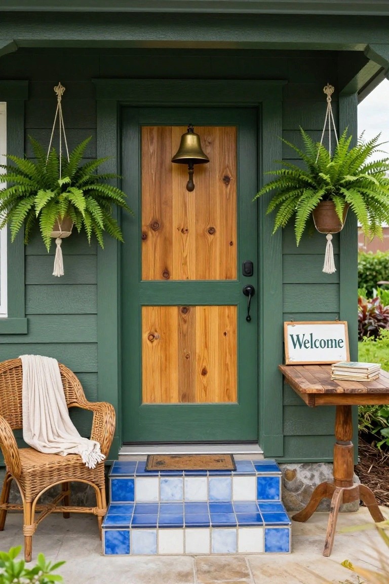 Green sided house front porch with a wooden paneled door centered under a brass bell, flanked by two hanging fern plants in macrame holders, a wicker chair with cream throw, wooden side table with stacked books, white welcome sign, and blue and white tiled steps leading to a doormat.