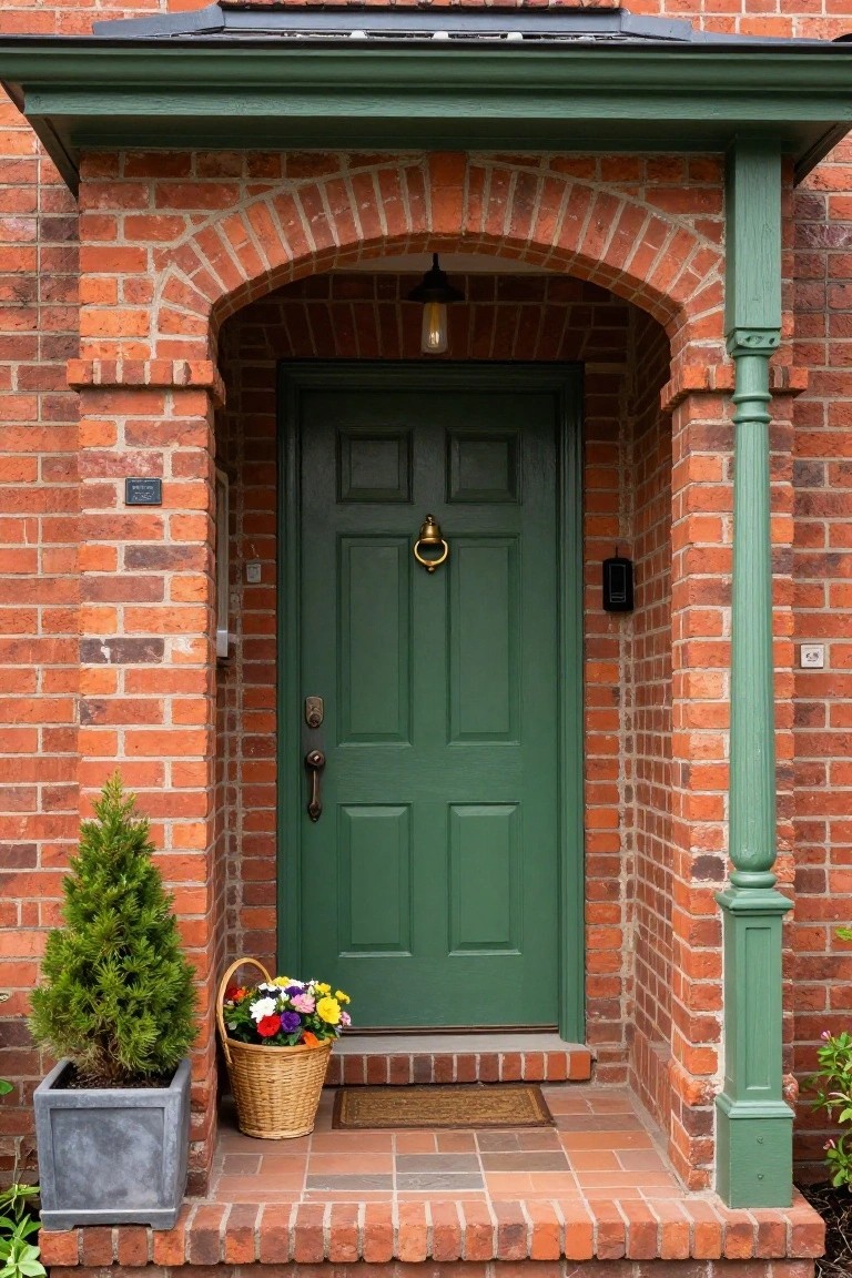 Red brick house entrance with arched green porch, deep green front door, brass knocker, potted evergreen, flower basket, and doormat on tiled steps.
