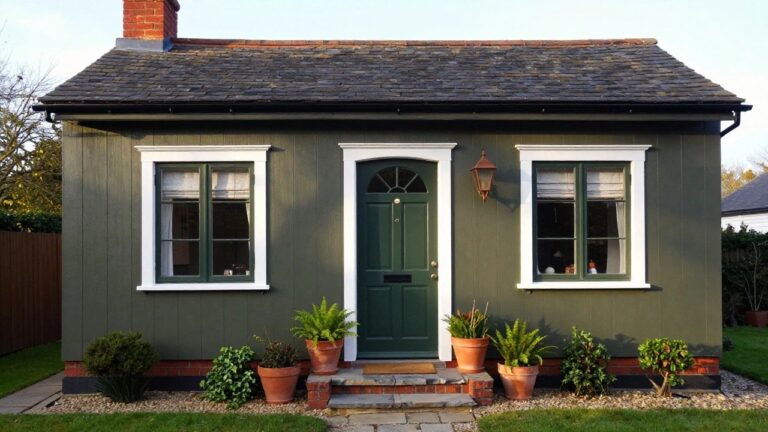 Small green clapboard house exterior with white trim, red brick chimney, arched green front door, white-framed windows with curtains, potted ferns flanking the entrance, brick steps, and stone path on gravel ground.
