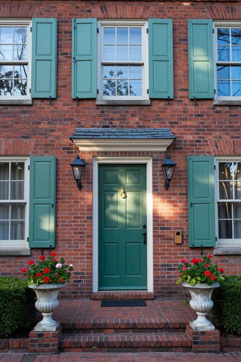 Two-story red brick house with green shutters on multipane windows, centered green front door with brass knocker and black lanterns, red geraniums in white urns on brick steps.