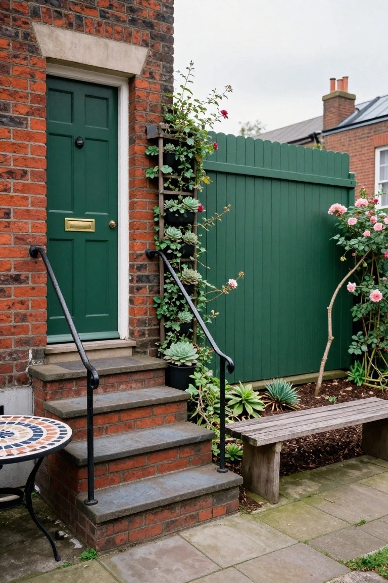 Red brick house facade with dark green front door, brass letterbox, black metal railings on brick steps, surrounded by potted plants, climbing roses, green fence, and wooden bench on paved patio.