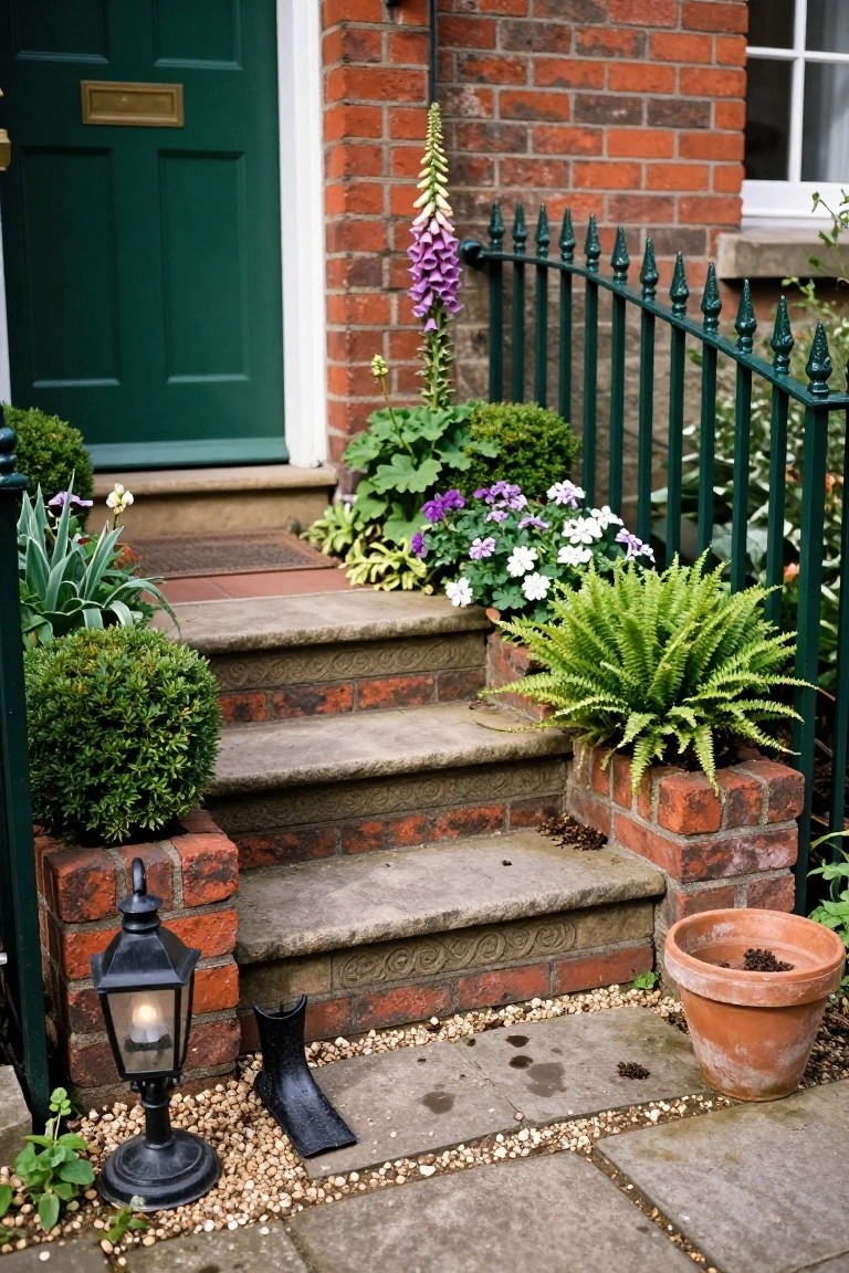 Red brick house front with dark green wooden door, stone steps leading up, green metal railing, potted plants, flowers, lantern, and rubber boot on gravel path.