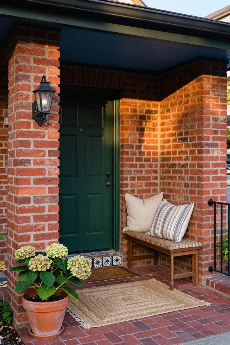 Red brick house porch with dark green paneled front door, black wall lantern, wooden bench with white and striped pillows, terracotta pot of white hydrangeas, and woven rugs on brick steps.