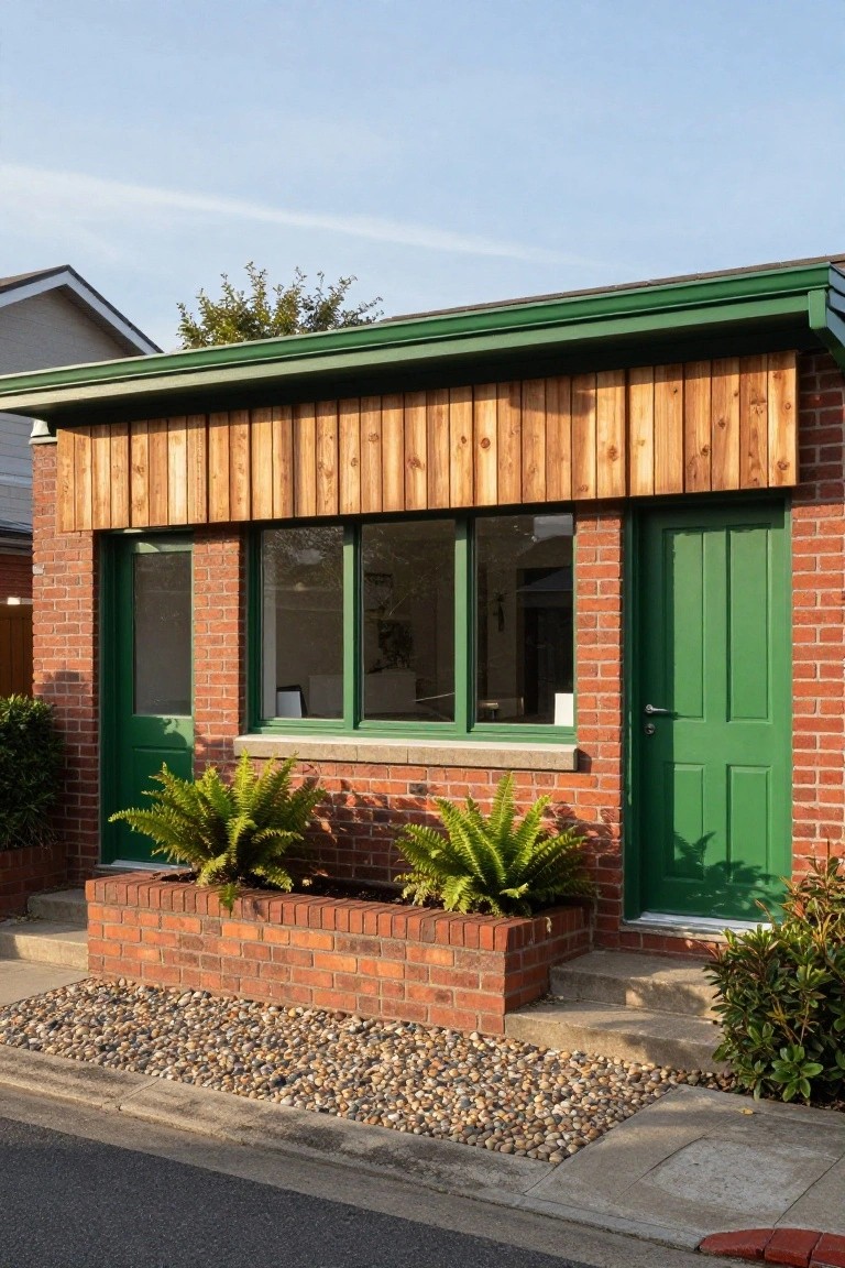 Red brick house exterior with green double front doors, green-framed triple windows, horizontal wooden cladding above, brick planter with ferns, steps, and gravel path.
