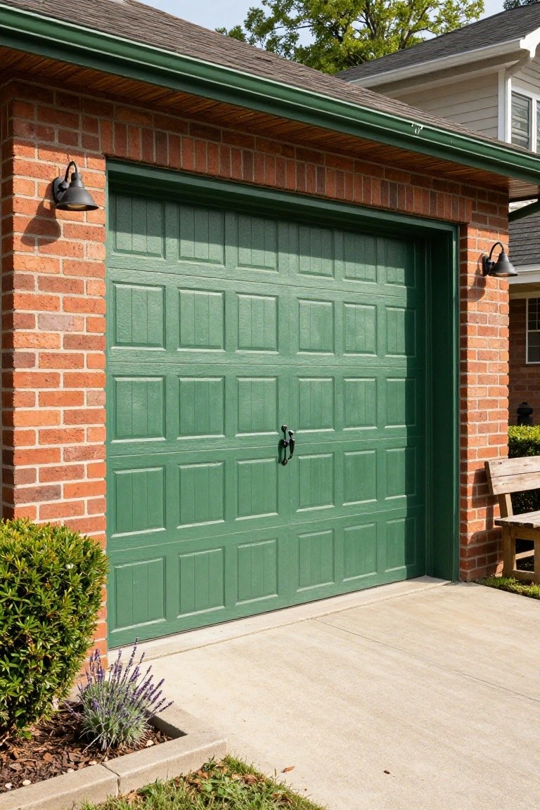 Green Garage Door on Red Brick