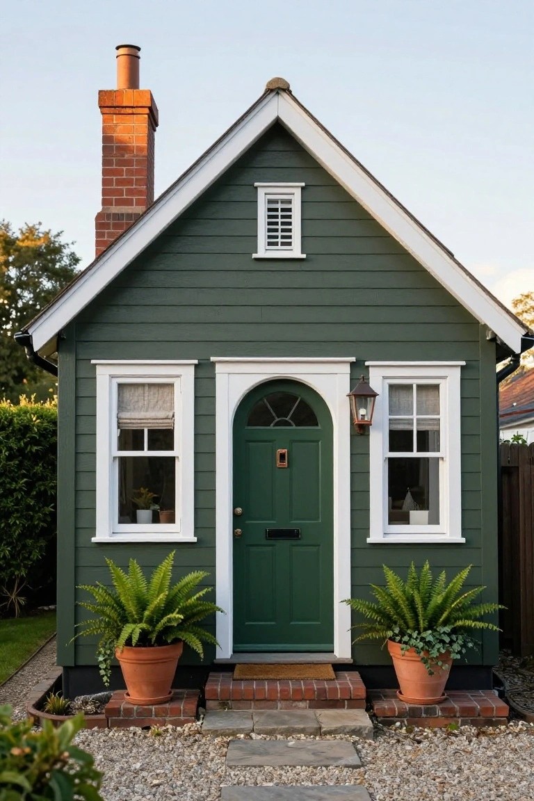 Small green clapboard house exterior with white trim, red brick chimney, arched green front door, white-framed windows with curtains, potted ferns flanking the entrance, brick steps, and stone path on gravel ground.