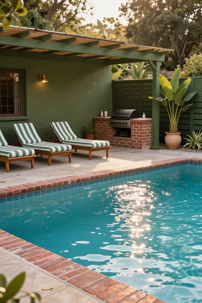 Green pergola-covered patio with wooden lounge chairs in green and white stripes, built-in black gas grill on red brick base, potted plants, and turquoise pool with red brick edging.