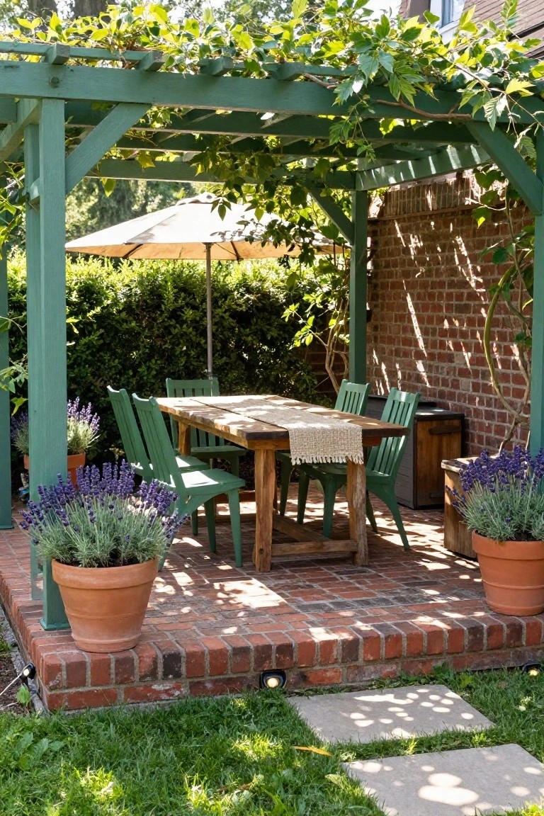Green Pergola on Red Brick Patio
