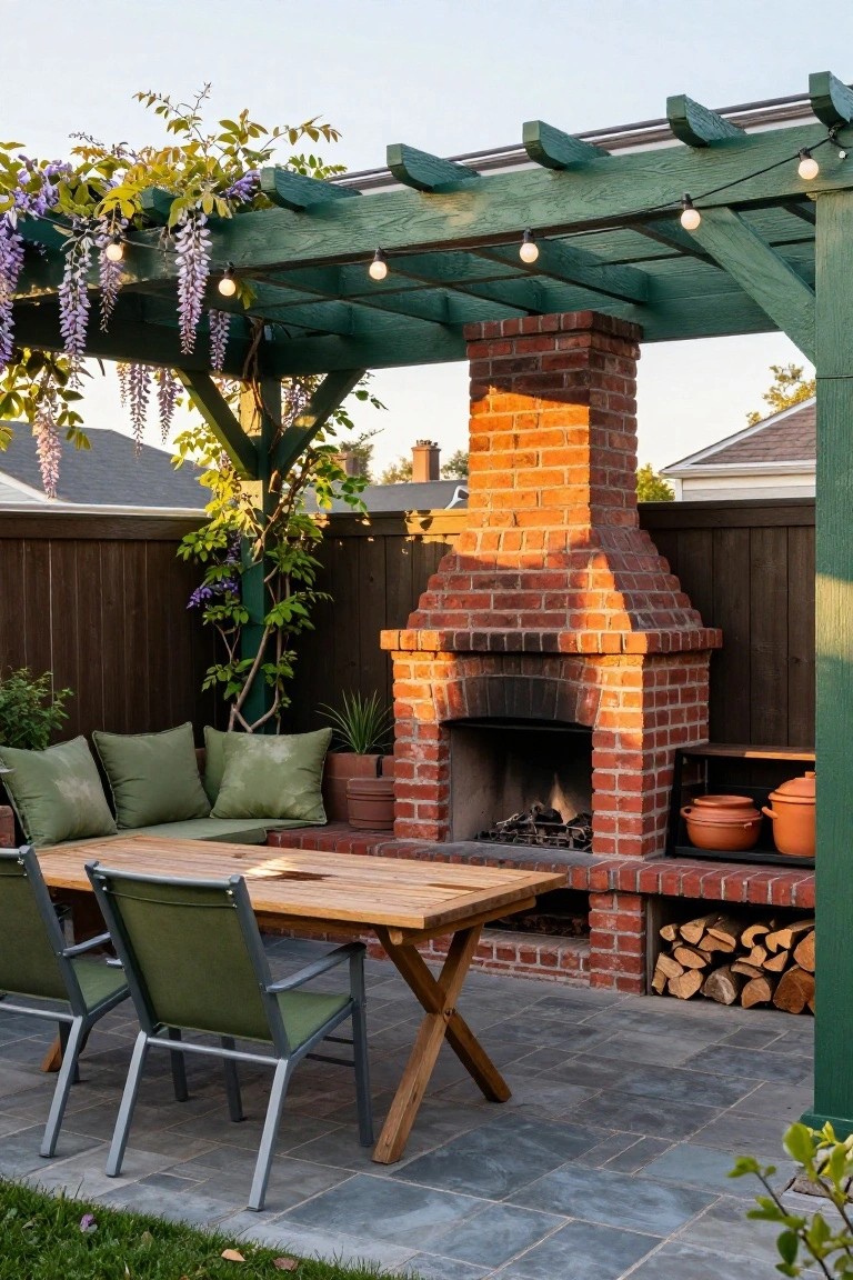 Green wooden pergola with string lights and wisteria vines over a red brick outdoor fireplace, wooden dining table with green chairs, potted plants, and paved patio surface.