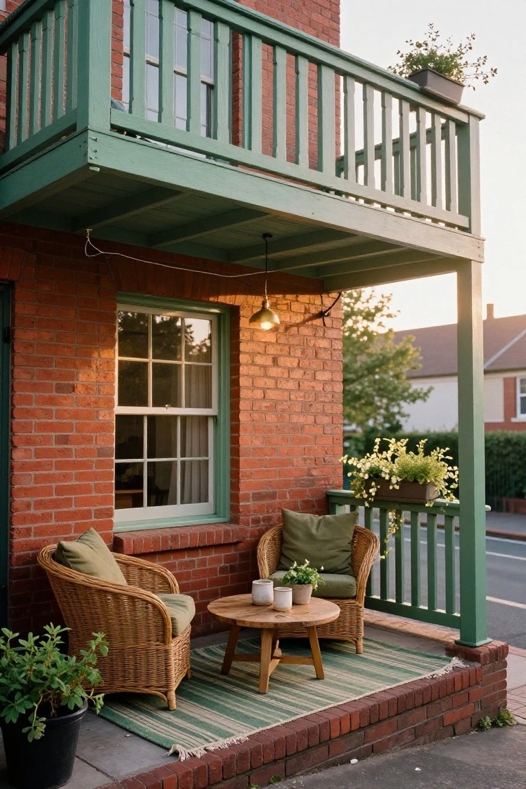 Red brick house corner with green-painted balcony overhang and porch railings, two green-cushioned wicker armchairs around a wooden low table on a striped outdoor rug, potted plants nearby, pendant light hanging above.