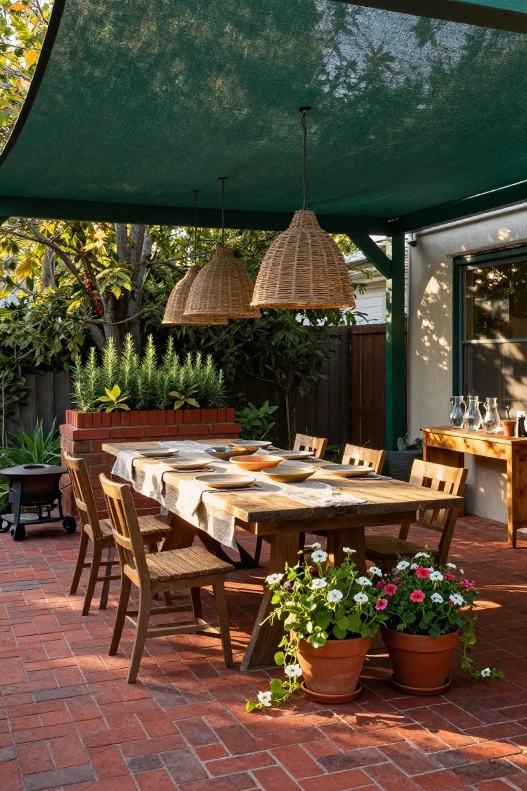 Red brick patio with wooden dining table and chairs under a green shade canopy, flanked by potted plants, rosemary in a brick planter, and rattan pendant lights.
