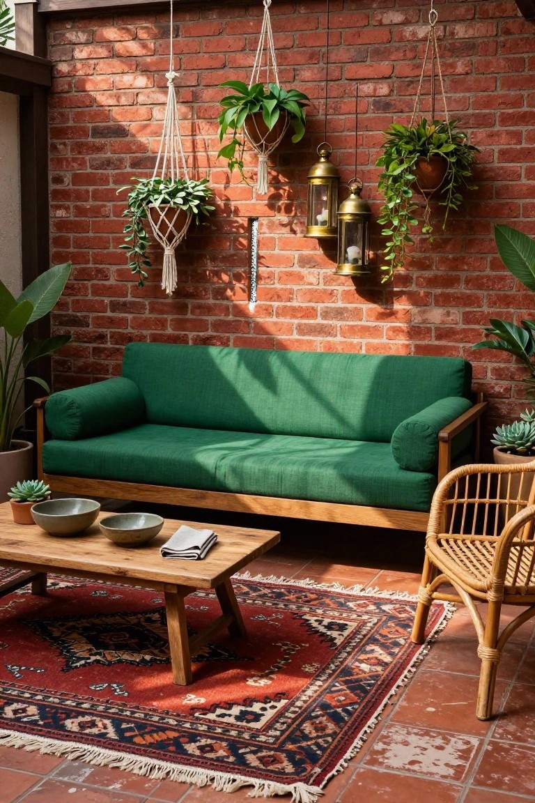 Sunlit brick-walled outdoor patio with green upholstered sofa, wooden coffee table holding pottery bowls and cloth napkin, rattan chair, terracotta tile floor, hanging plants and brass lanterns.