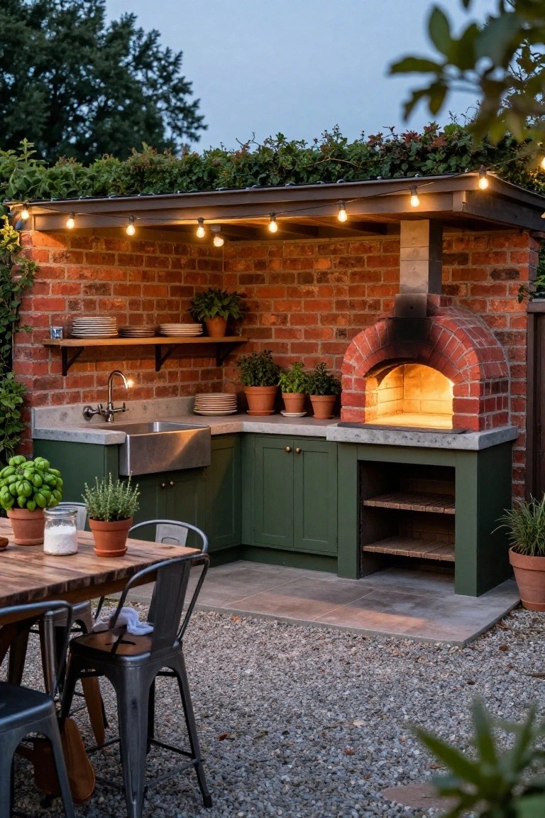 Outdoor kitchen under a wooden pergola with string lights, featuring a red brick pizza oven, green cabinets, stainless steel sink, wooden shelves with dishes, potted herbs, and a wooden table with metal chairs on a gravel patio surrounded by plants and brick walls.