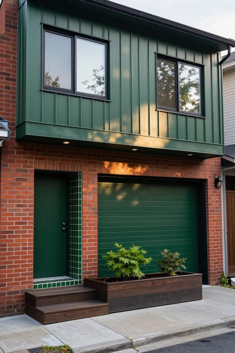 Front exterior of a two-story house featuring red brick at the base, green corrugated metal siding on the upper level, matching green front door and garage door, recessed tile around the entry, wooden steps, and a planter box with greenery.