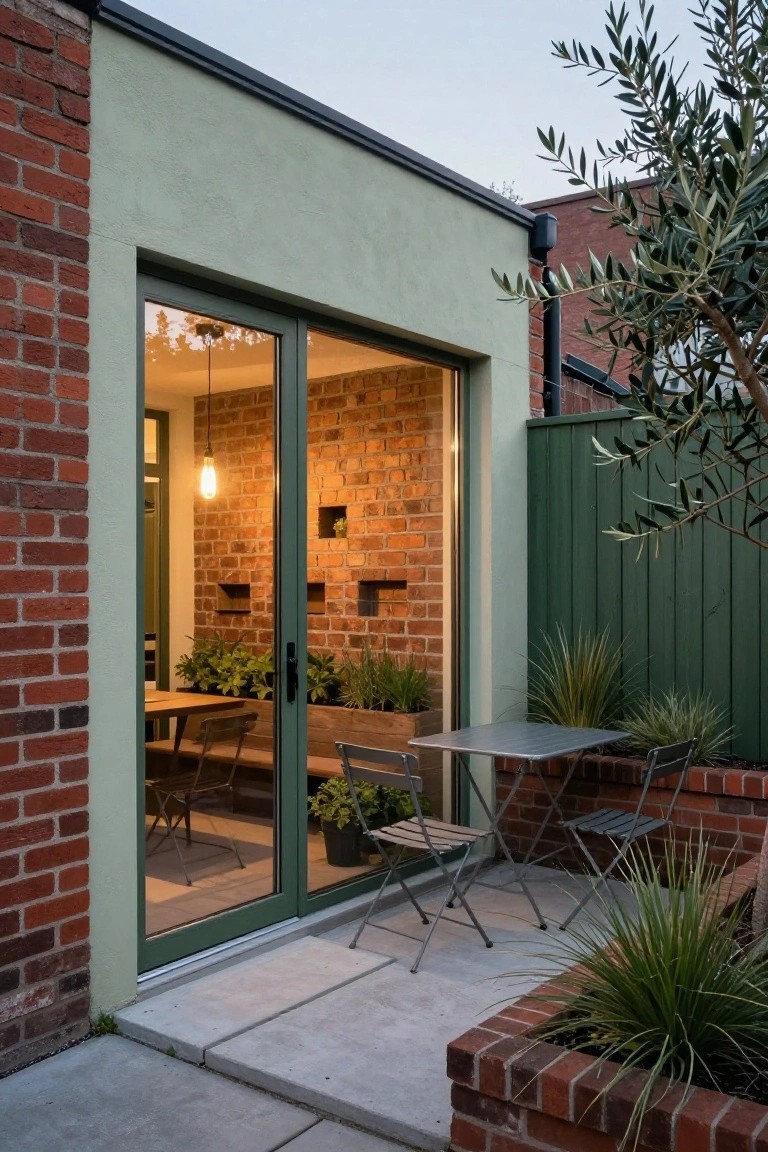 Red brick house wall with pale green rendered upper section and large sliding glass doors opening to a concrete patio featuring a small metal table, two chairs, potted plants, and a green wooden fence with olive tree.