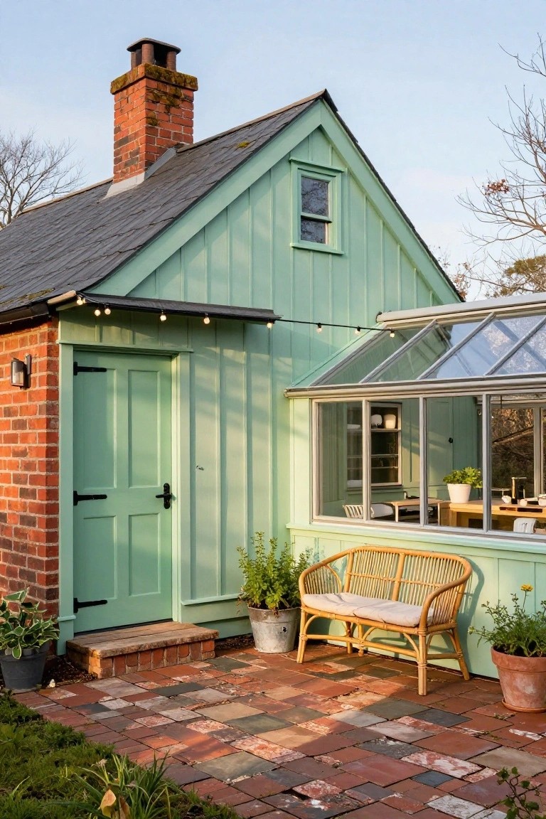 Small sage green clapboard outbuilding with red brick chimney and base, attached glass greenhouse, rattan bench on brick patio with potted plants.