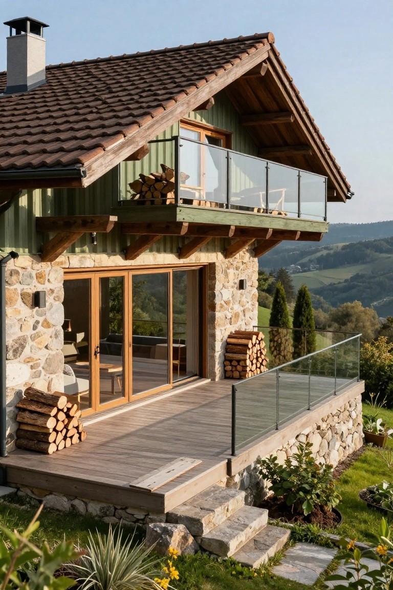 Two-story chalet house with green wooden siding, brown tiled roof, stone foundation walls, wooden balcony with glass railing, deck with firewood stacks, steps down to garden, and distant hilly landscape.