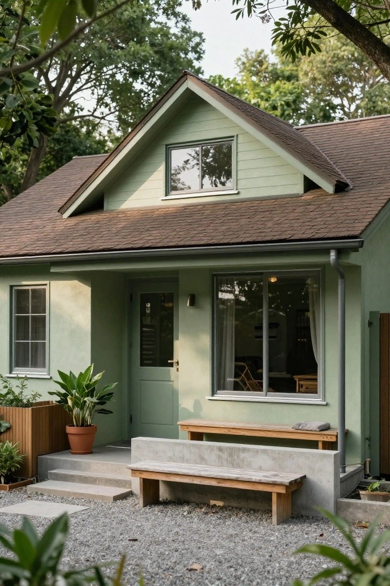 Sage green house with brown shingled gable roof, covered entry porch with green door, wooden benches, potted plants, and gravel yard surrounded by trees and foliage.