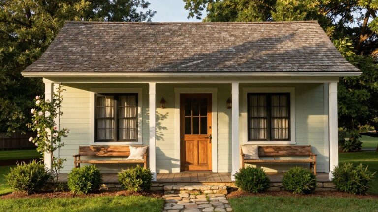 Pale green clapboard house with brown shingle roof, white columned front porch containing wooden bench with cushions, brass lanterns flanking wood-paneled door with sheer curtain, climbing white roses, potted plants, boxwoods, and stone path in front yard.