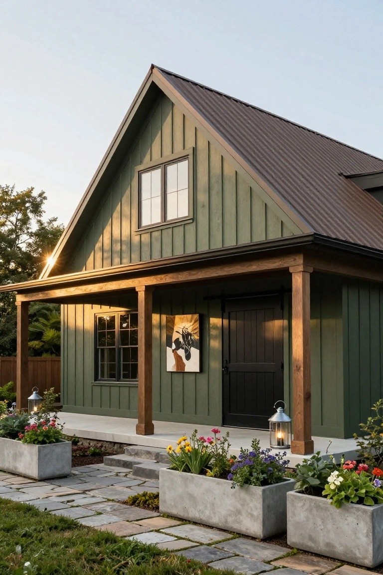 Sage green board-and-batten sided gable house with brown metal roof, wooden porch supported by posts, black sliding barn door with horse artwork beside it, hanging lanterns, concrete planters with colorful flowers, and stone paver path in front yard.