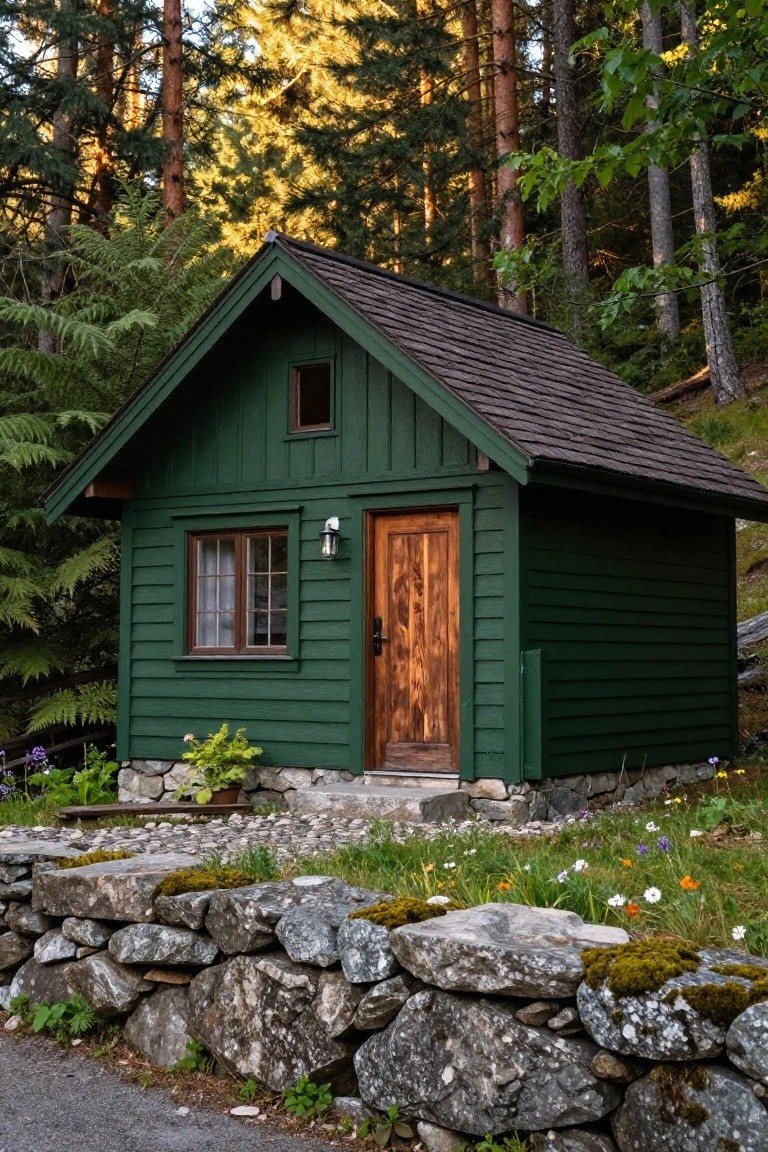 Small dark green wooden cabin with brown shingle roof, wooden door, single window, exterior light, stone wall base, plants, and surrounding forest trees.