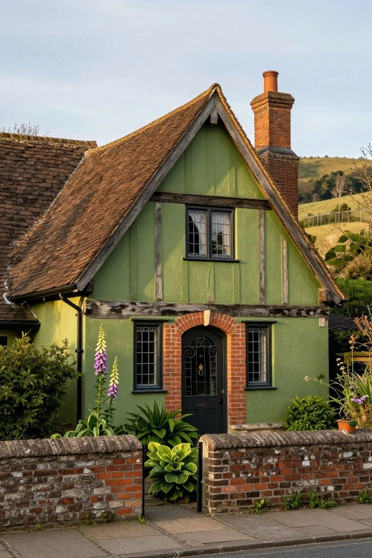 A small green half-timbered cottage with dark wooden beams, brown tiled roof, brick chimney and arched entry door, flanked by plants and a low brick wall in a rural setting.