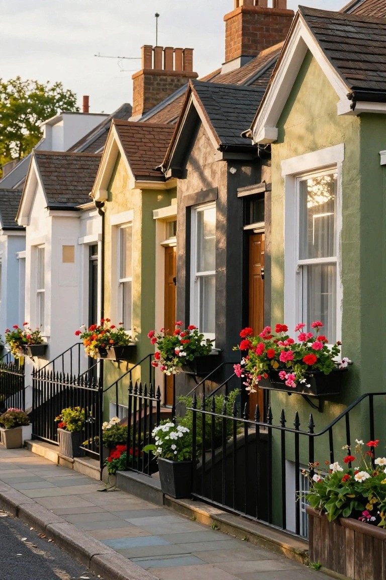 Row of terraced houses painted white, pale yellow-green, green, and dark gray with brown slate roofs, black wrought-iron railings and doors, and colorful flower boxes and pots on windows, steps, and along the sidewalk.