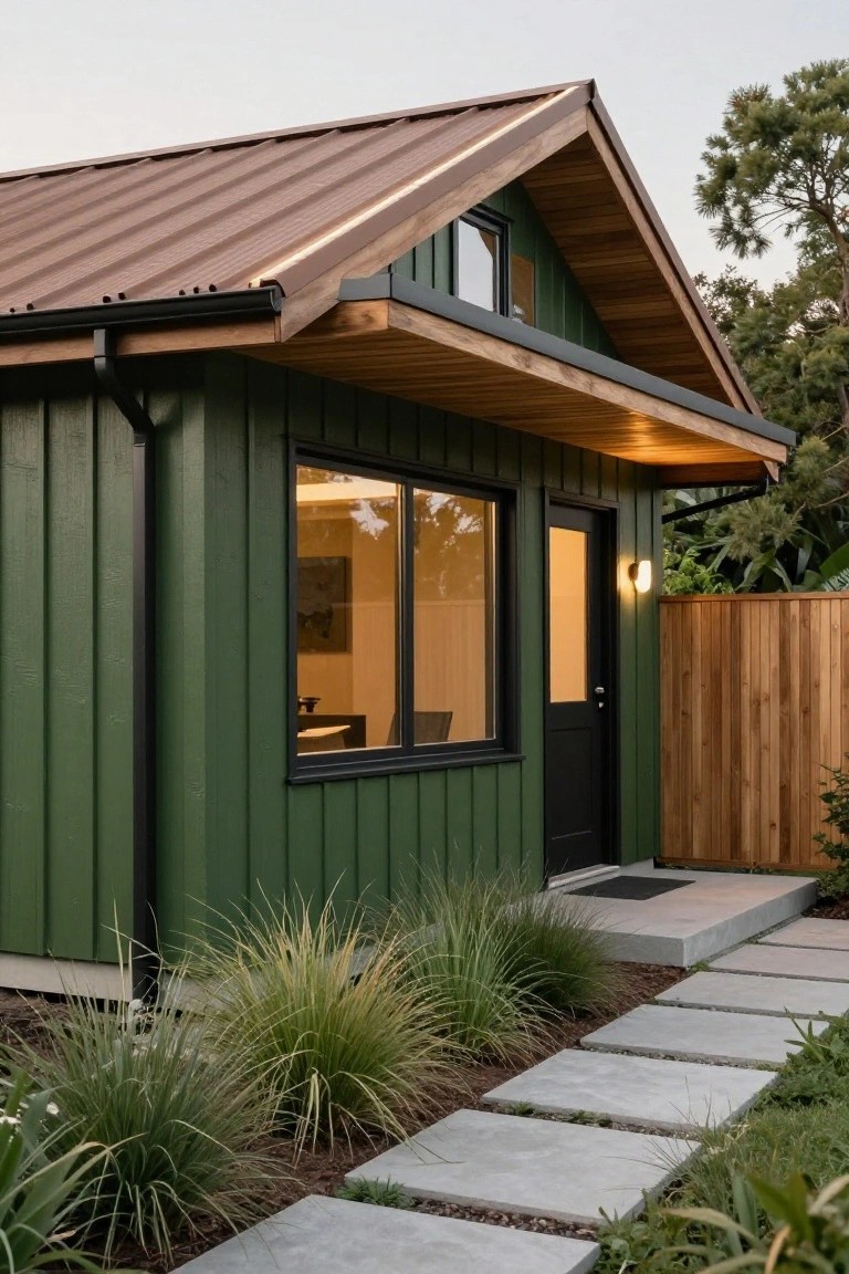 Small forest green clapboard shed with brown standing-seam metal roof, black front door, large window, wood overhang, wall light, concrete steps, stone pathway, and grasses near a wooden fence.