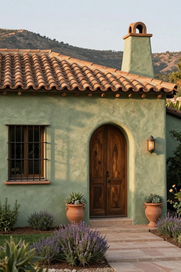 Sage green stucco single-story house with terracotta tile roof, arched wooden double door entry, barred window, chimney, potted succulents, lavender plants, and stone path leading to the door, with mountains in the background.