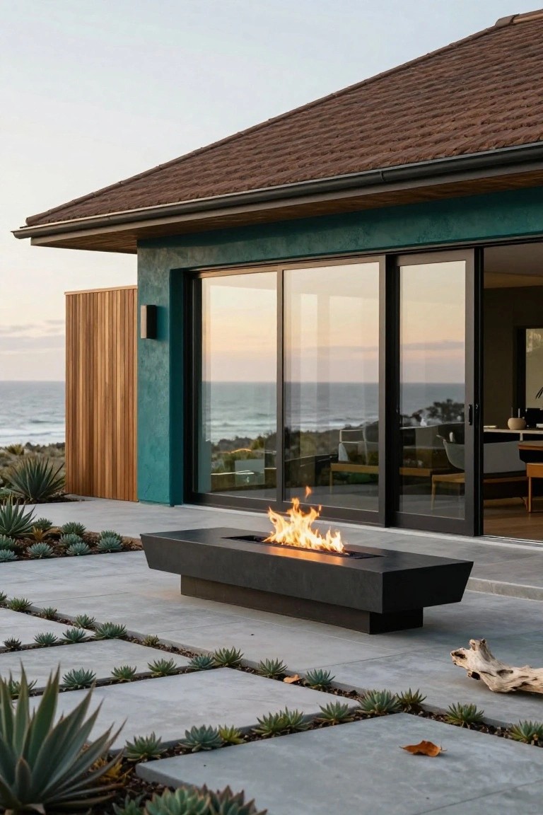 Modern house with teal stucco exterior and brown tile roof, large black-framed sliding glass doors opening onto a concrete patio with rectangular linear fire pit burning, succulent plantings, wooden privacy screen, and ocean view at dusk.