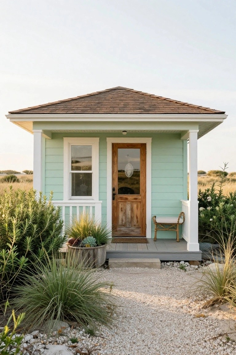 Small pale green clapboard house with brown shingle roof, white trim, wooden front door and window, porch with rattan bench, surrounded by grasses, succulents, and gravel path.