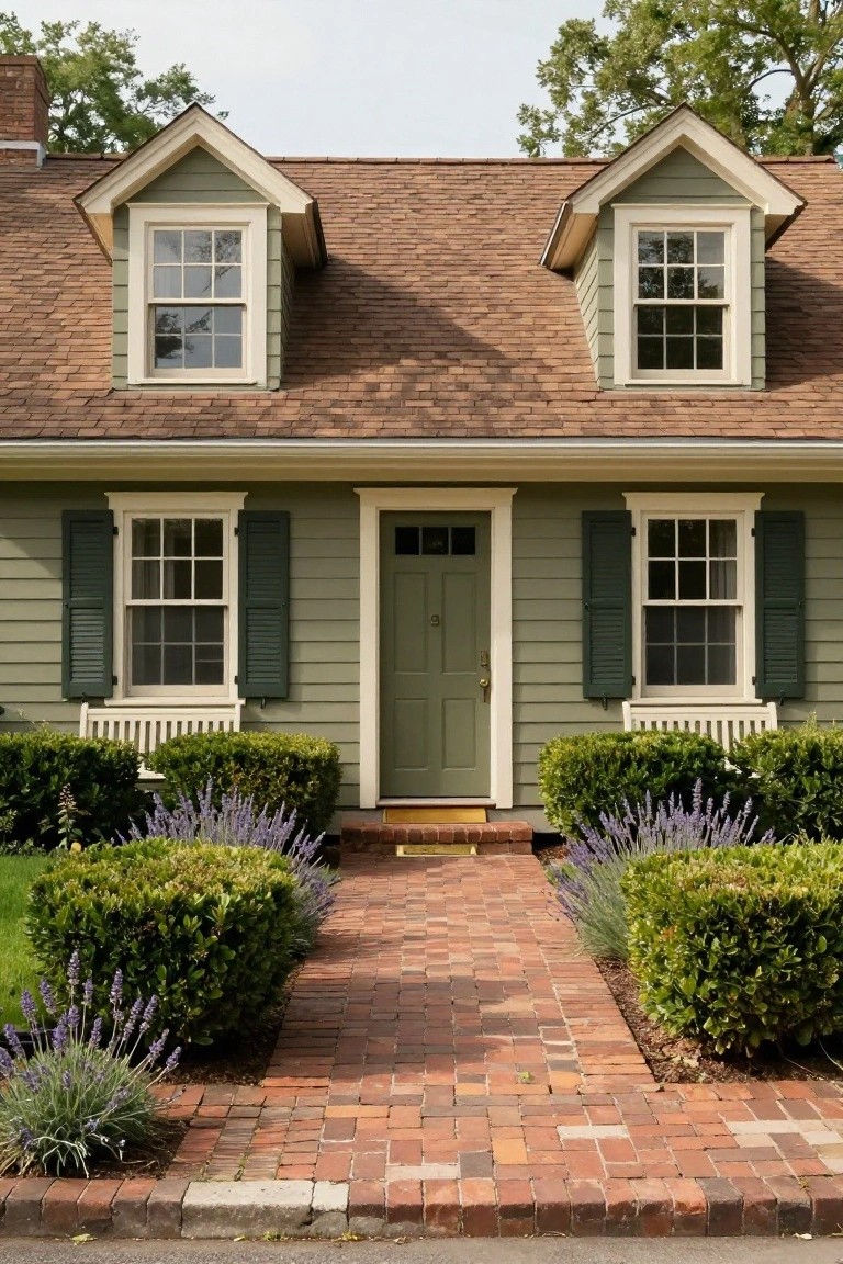 Front exterior of a sage green clapboard house with gabled dormers, brown shingle roof, paired windows with green shutters, centered green door, and symmetrical boxwood shrubs plus lavender plants along a brick walkway.