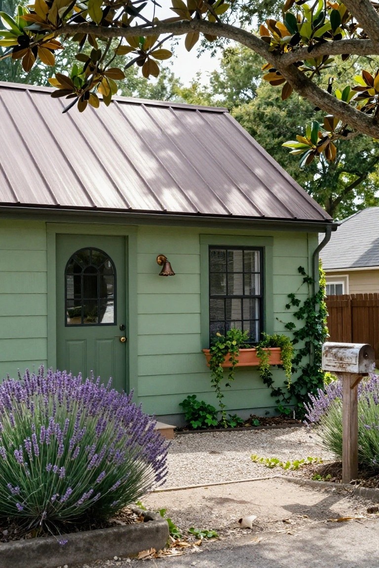 Small sage green clapboard shed with brown standing-seam metal roof, arched window in green door, orange window box with trailing plants and ivy, lavender shrubs flanking gravel path, under overhanging tree branches.