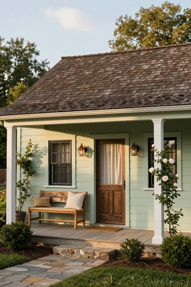 Pale green clapboard house with brown shingle roof, white columned front porch containing wooden bench with cushions, brass lanterns flanking wood-paneled door with sheer curtain, climbing white roses, potted plants, boxwoods, and stone path in front yard.