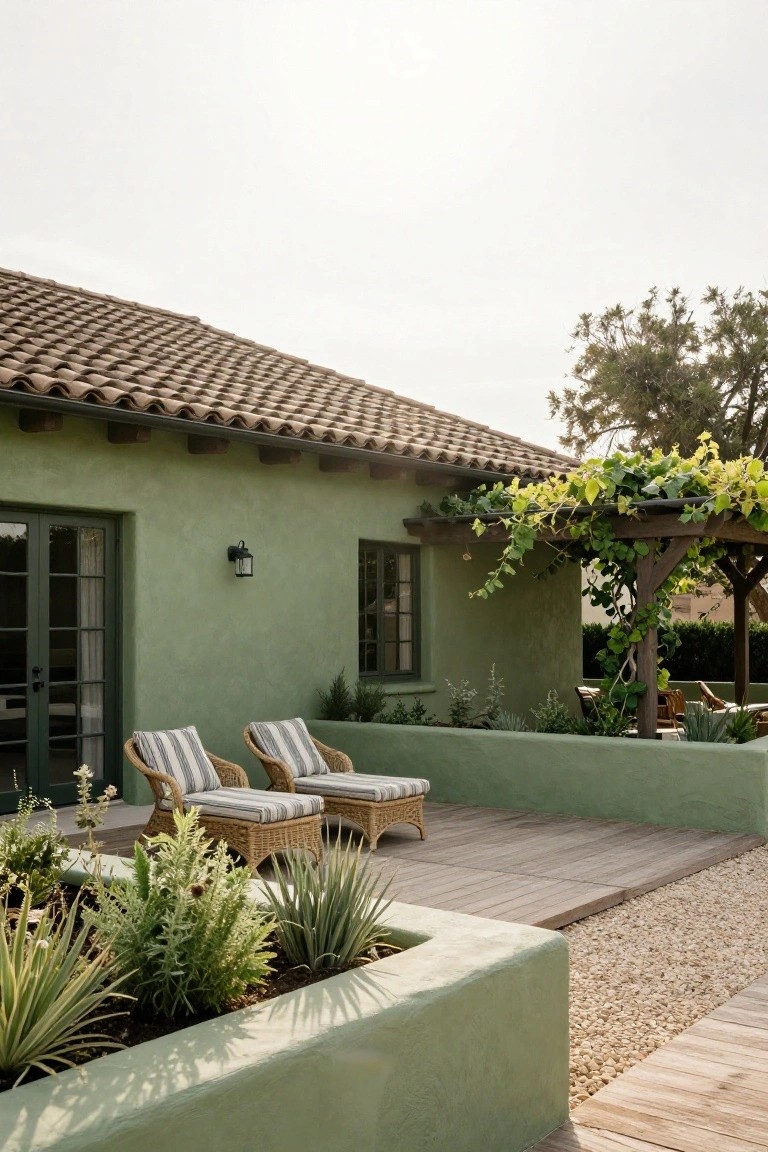 Sage green stucco house exterior with terracotta tile roof, wooden pergola draped in yellow-green vines, two striped wicker chairs on a wooden deck beside raised planters and a gravel path.