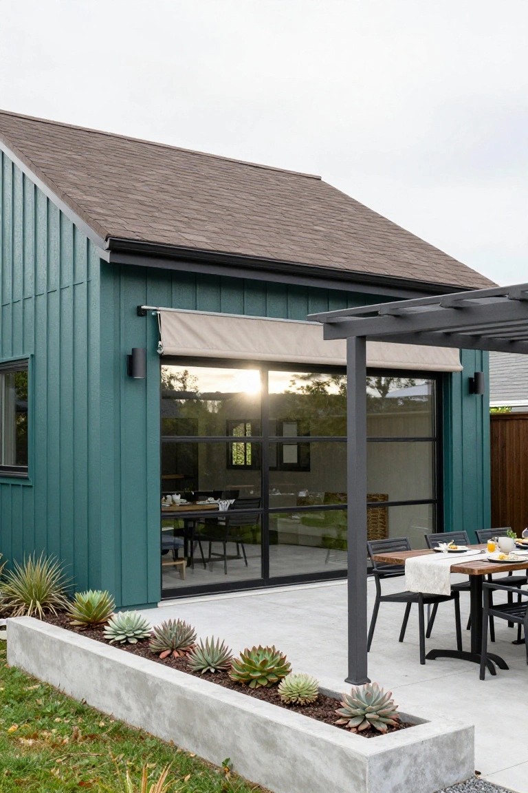 Teal green board-and-batten sided outbuilding with brown shingle roof, large glass doors opening to a concrete patio set with a wooden dining table under a gray metal pergola, and a concrete planter box filled with succulents.