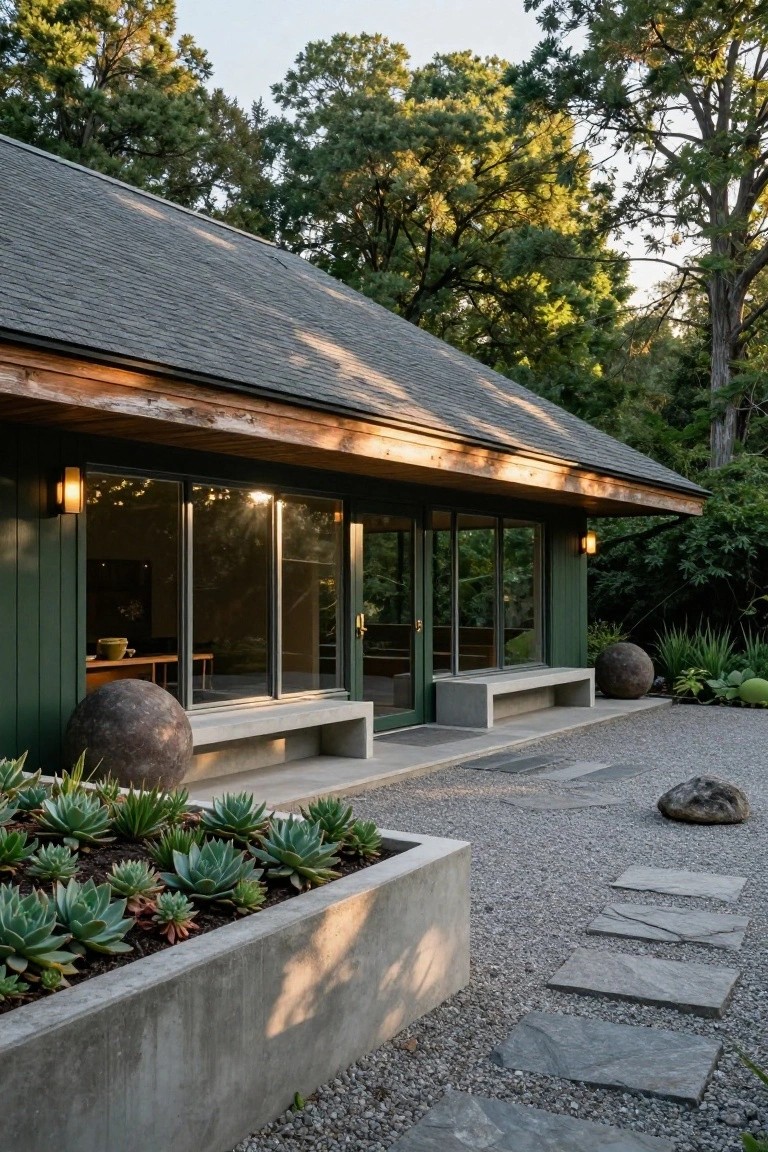 Dark green house exterior with gray sloped roof, large glass sliding doors, concrete benches, spherical boulders, succulent planter box, gravel ground cover, stone stepping slabs, and surrounding trees.