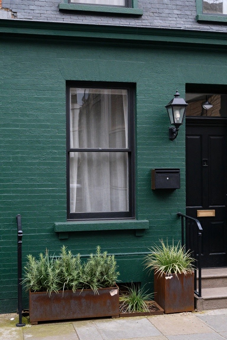 Green painted brick townhouse facade with a tall window featuring sheer curtains, black front door with brass knocker, black mailbox, two metal lanterns, and rectangular corten steel planters containing rosemary and ornamental grasses beside the steps on a stone sidewalk.