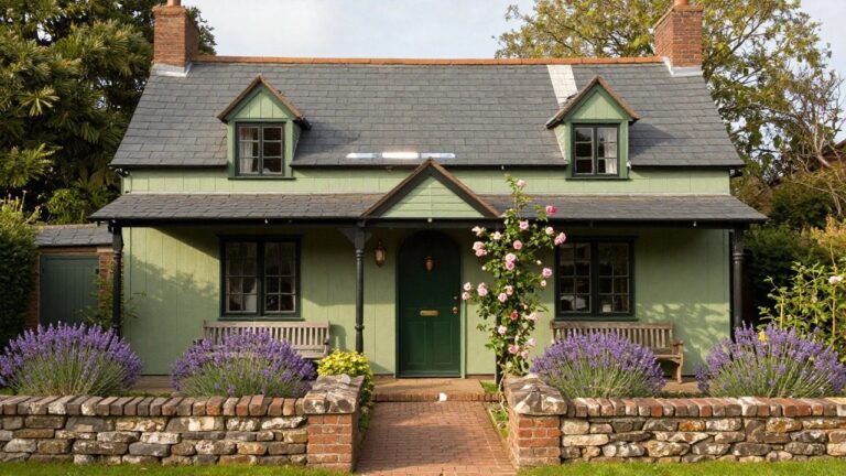 Small sage green clapboard house with dark gray slate roof, green front door, black-framed window, climbing white roses on porch post, lavender plants in stone-bordered beds, wooden bench, lantern light, and brick path.