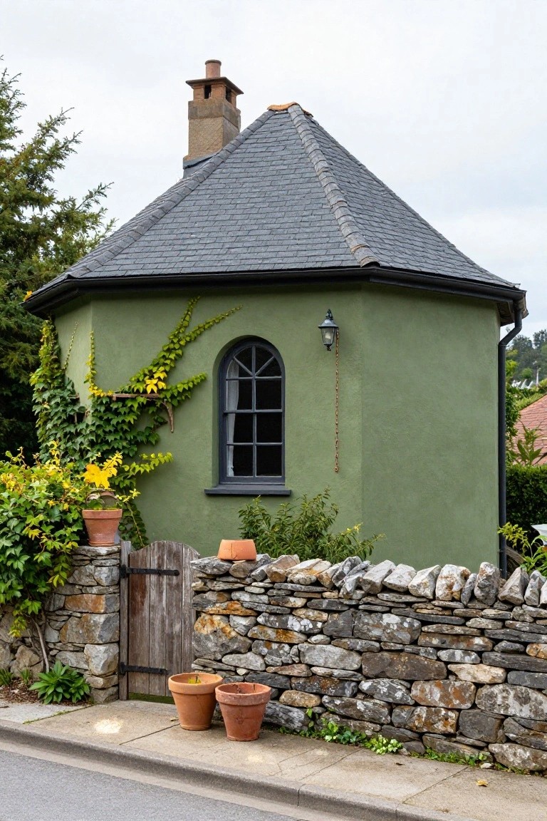 Octagonal lime-green house with dark gray slate roof, ivy and yellow flowers climbing one wall, arched black-framed window with white curtain, wall lantern, dry stone wall with wooden gate, and terracotta pots with plants along a sidewalk.
