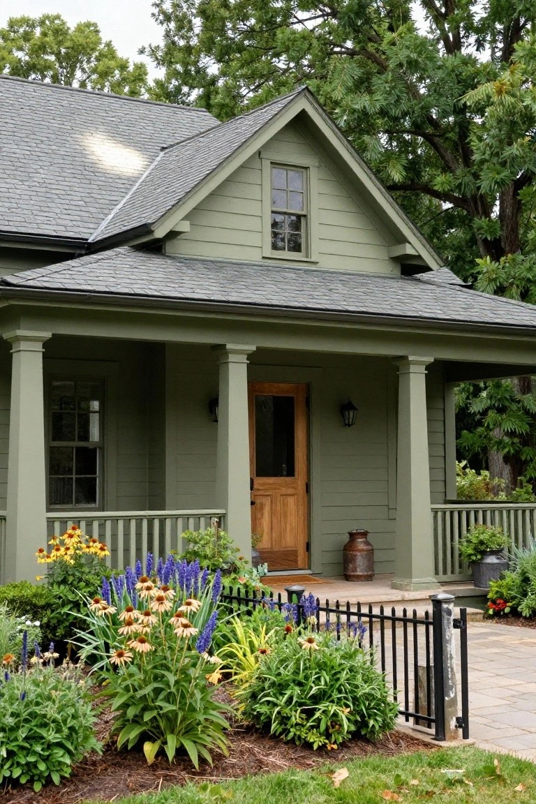 Front exterior of a sage green clapboard house with gray shingled roof, covered porch supported by columns, wooden entry door, potted plants, flower beds, and black metal fence.