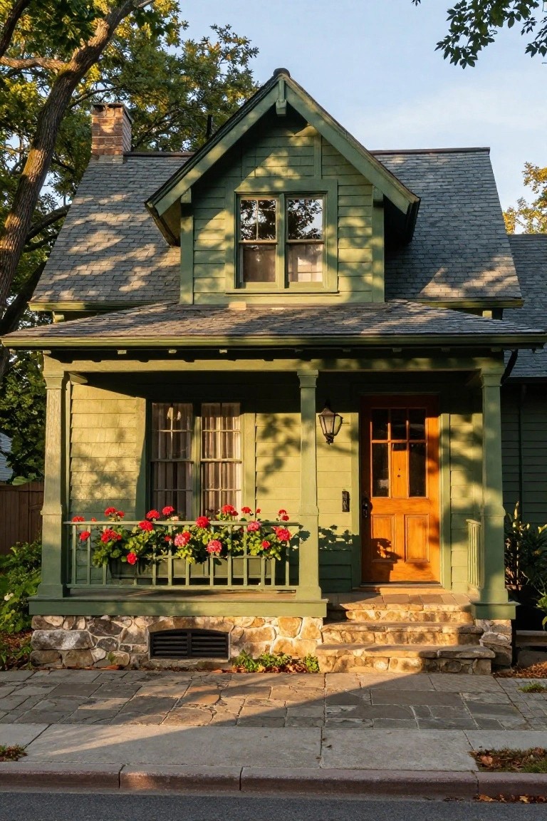 Green-painted wood shingle bungalow house with gray shingle roof, covered front porch supported by columns, wooden door with glass panels, red geranium planters on porch railing, stone foundation and steps, and tree-shaded sidewalk.
