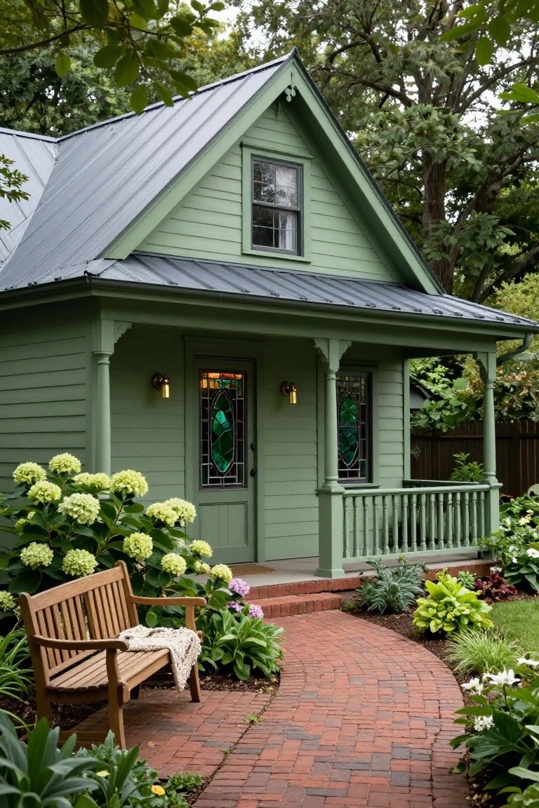 Small green clapboard house with gray metal roof, wraparound porch featuring stained glass door and windows, wooden bench with throw blanket, surrounded by hydrangeas and brick pathway.