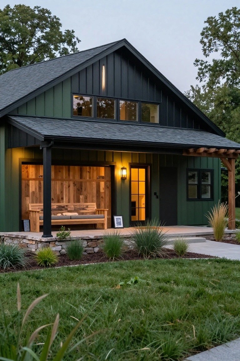 Front exterior of a dark green house with gray shingle roof, black trim, covered porch featuring a wooden bench and shiplap wall, lantern light, and low landscaping with stone edging.