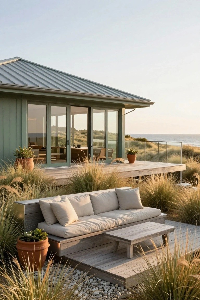 Exterior of a small green vertical board-and-batten house with gray standing-seam metal roof, large sliding glass doors opening to a multi-level wooden deck with beige sofa, wooden coffee table, potted plants, tall ornamental grasses, pebble ground cover, adjacent to beach dunes and ocean.